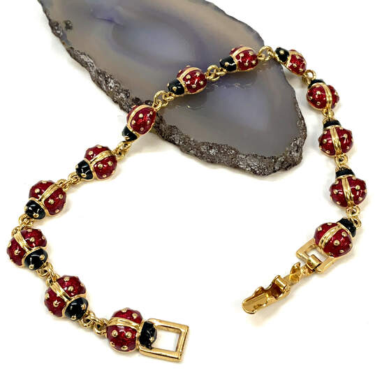 Designer Joan Rivers Gold-Tone Red Enamel Lady Bugs Chain Bracelet image number 2