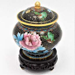 Vintage Chinese Cloisonne Ginger Jar w/ Wood Stand