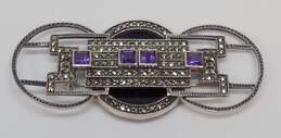 Romantic Judith Jack 925 Sterling Silver Amethyst Marcasite & Onyx Art Deco Style Brooch 27.1g