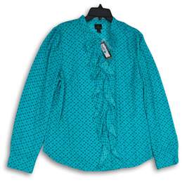 NWT Worthington Womens Blue Ruffle Long Sleeve Button Front Blouse Top Size XL
