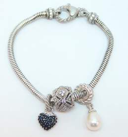 Judith Ripka Sterling Silver Sapphire CZ Pearl 3 Charm Bracelet 18.3g alternative image
