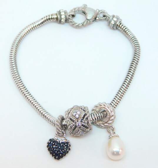 Judith Ripka Sterling Silver Sapphire CZ Pearl 3 Charm Bracelet 18.3g image number 2