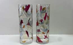 FOSTORIA Galleria Hurricane Shades Abstract Mosaic Art Glass 2pc Set