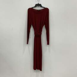 Womens Red Tie Waist Round Neck Long Sleeve Maxi Dress Size Large