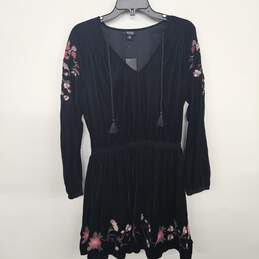 A.N.A Black Polyester w/ Velvet Feel and Appearance Floral Embroidered Long Sleeve Dress