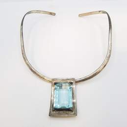 Sterling Silver Light Blue Glass Pendant Flat Choker 35.7g