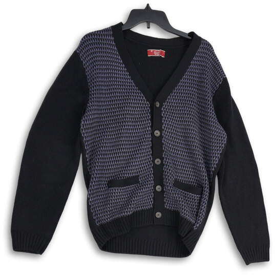 Mens Black Knitted Belt Pockets Button Front Cardigan Sweater Size Large image number 1