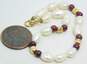 14K Yellow Gold Clasp & Ball Bead w/Garnet Ball Beads Pearl Bracelet 5.2g image number 6
