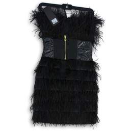 NWT Akira Womens Black Off Shoulder Feather Back Zip Tiered Mini Dress Size S alternative image