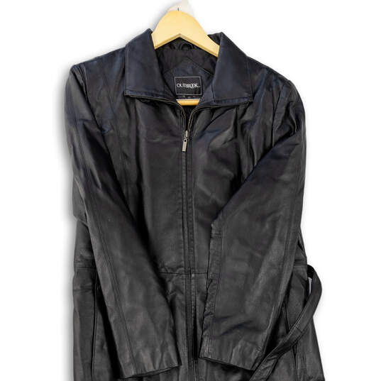 Womens Black Long Sleeve Pockets Belted Full-Zip Leather Jacket Size Large image number 3