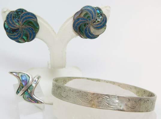 Vintage Taxco Mexican Modernist 925 Abalone Swirl Scroll Jewelry 34.5g image number 1