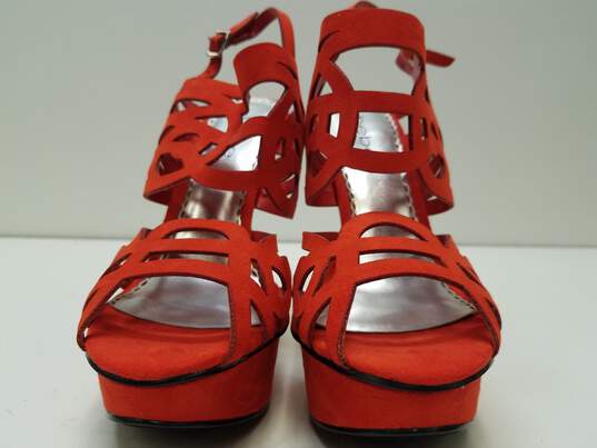 Bebe Promise Orange Suede Strappy Stiletto Heels Women's Size 7 image number 4