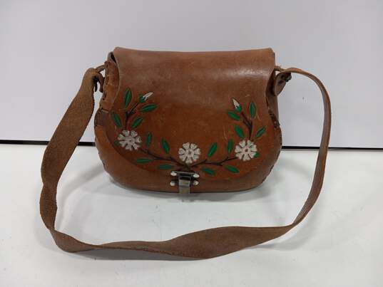 Women's Vintage Handmade Painted Flowers Leather Satchel Purse image number 1