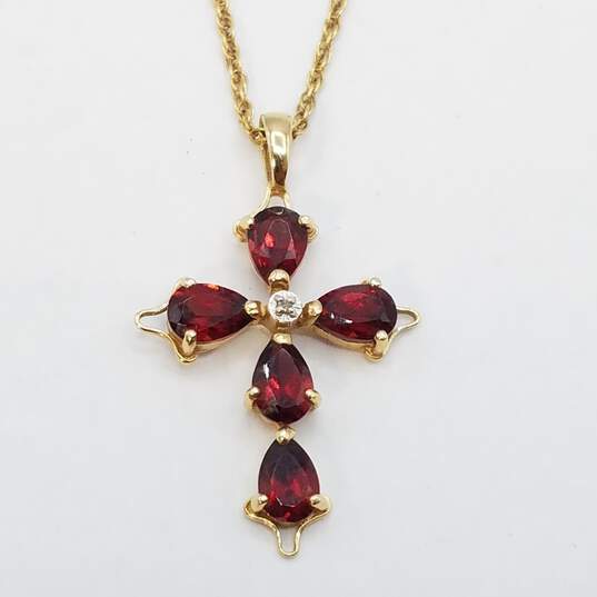 14K Gold Diamond Garnet Cross Pendant Necklace 3.5g image number 2