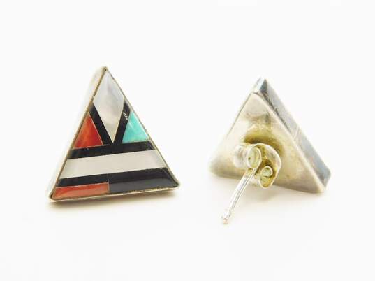 Southwestern 925 Inlay Onyx, Turquoise, Coral & Mother Of Pearl Triangle Stud Earrings 2.3g image number 2