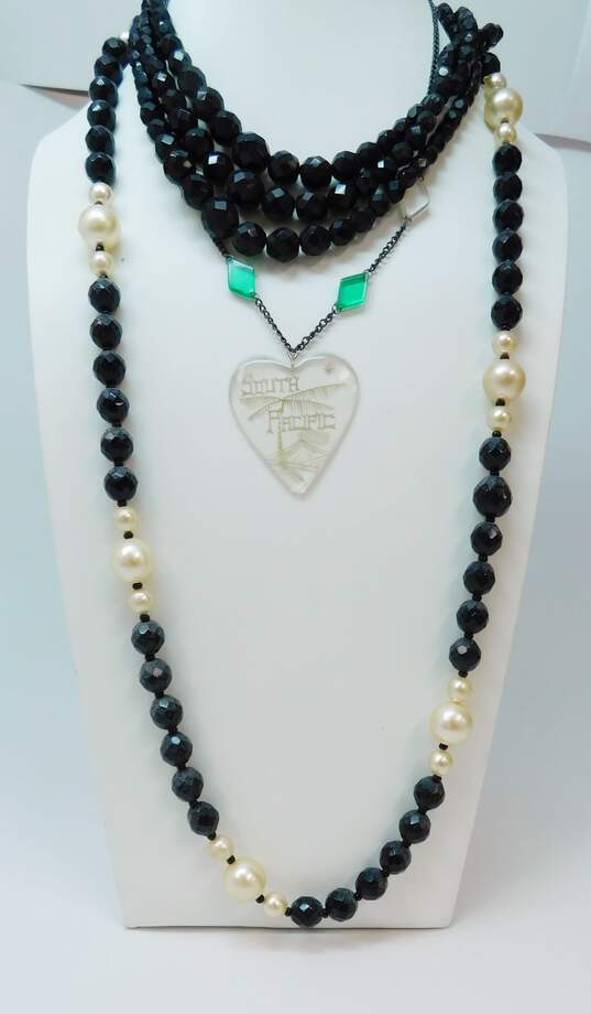 Vintage Black Crystal Faux Pearl South Pacific Heart Bead Necklaces 171.4g image number 3