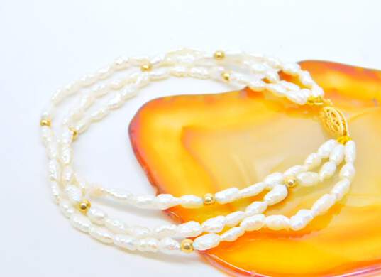 14K Gold Clasp & Ball & White Freshwater Pearl Beaded Multi Strand Bracelet 6.8g image number 2