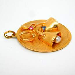 14K Gold Ruby Sapphire & Pearls Bow & Bells Etched Disc Statement Pendant 12.2g alternative image