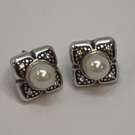 Designer Brighton Silver-Tone Pearl Stone Square Shape Fancy Stud Earrings image number 3