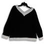 Womens Black White Knitted V-Neck Long Sleeve Pullover Sweater Size L image number 2