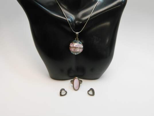 Romantic 925 Pink Mother of Pearl & Abalone Ball Chime Pendant Necklace Marcasite Heart Post Earrings & Shell Ring 26.7g image number 1