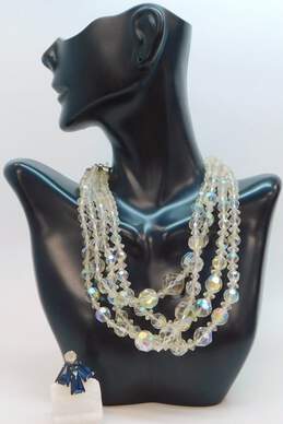 Vintage Icy Aurora Borealis Beaded Double Strand Necklaces With Blue & Clear Rhinestone Brooch 101.0g