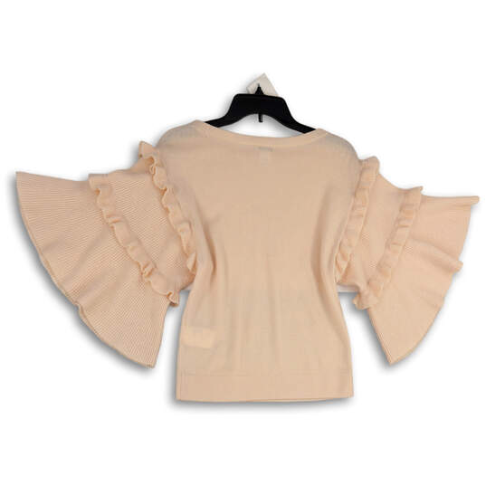Womens Pink Tight-Knit Round Neck Ruffle Bell Sleeve Pullover Sweater Sz XS image number 2