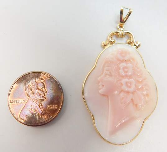 14K Yellow Gold Cameo Woman Pink Shell Carved Pendant 4.7g image number 6