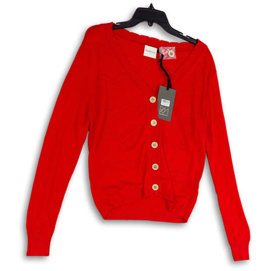 NWT Womens Red Knitted Long Sleeve Front Button Cardigan Sweater Size L/14 image number 1