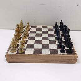 World Market Portable Wood & Stone Chess Board Set & Chess Pieces