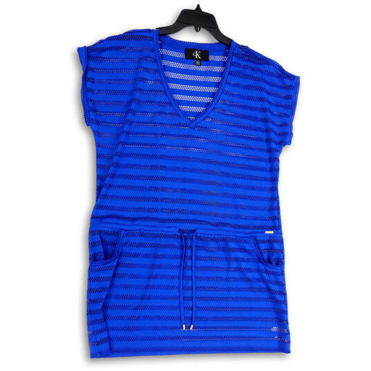 Womens Blue V-Neck Cap Sleeve Drawstring Waist Swimsuit Dress Size L image number 1