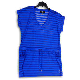 Womens Blue V-Neck Cap Sleeve Drawstring Waist Swimsuit Dress Size L