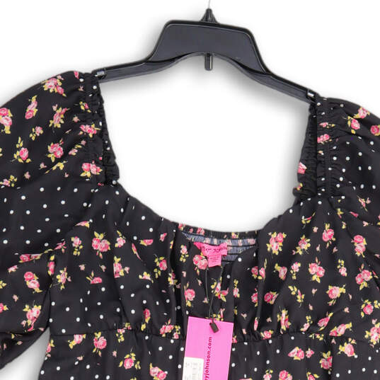 NWT Womens Black Pink Floral Smocked Back Puff Sleeves Mini Dress Size XXL image number 3