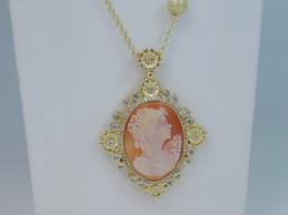 Amedeo Gold Tone Carved Shell Cameo Icy Crystal Necklace 62.2g alternative image
