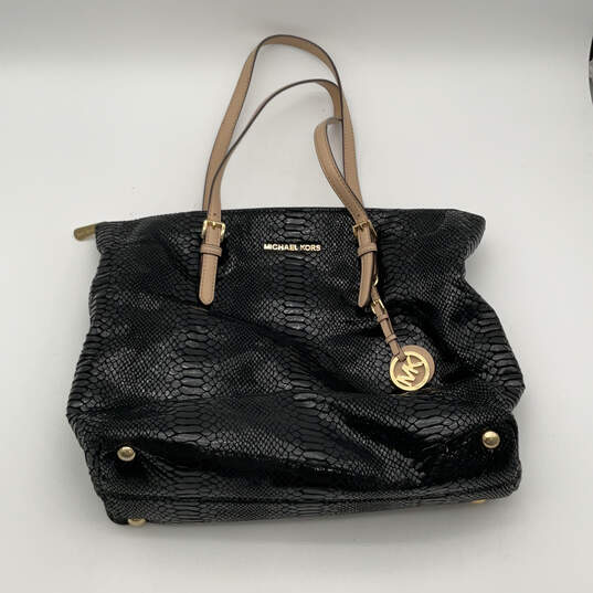 Womens Black Animal Print Leather Inner Pockets Bottom Studs Shiny Tote Bag image number 1