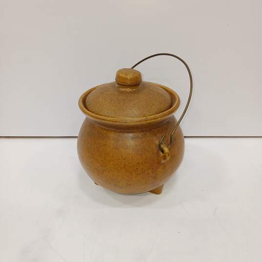 Brown 3-Footed Stoneware Crock Bean Pot Cauldron Pottery image number 1