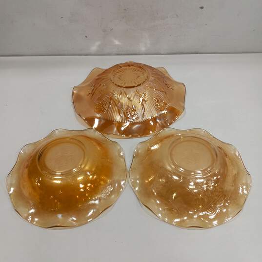 3 Vintage Carnival Glass Peach Scalloped Edge Leaf Design Bowls image number 2