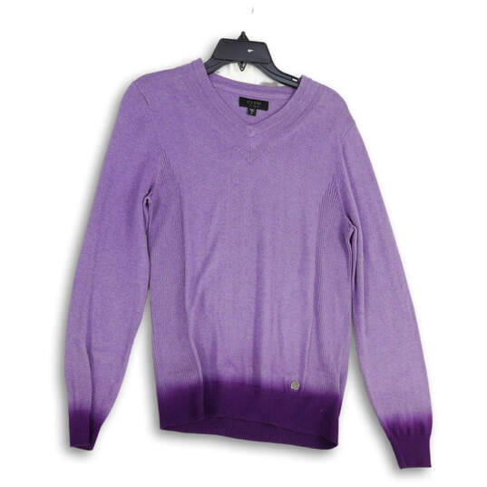 Womens Purple Knitted Long Sleeve V-Neck Casual Pullover Sweater Size Small image number 1
