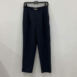 Womens Navy Blue Flat Front Elastic Waist Pockets Capri Pants Size 40