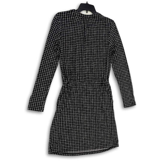 Womens Black Check Quarter Zip Cinched Waist Long Sleeve A-Line Dress Sz S image number 2