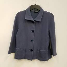 Womens Blue Pockets Long Sleeve Collared Button Front Jacket Size Small