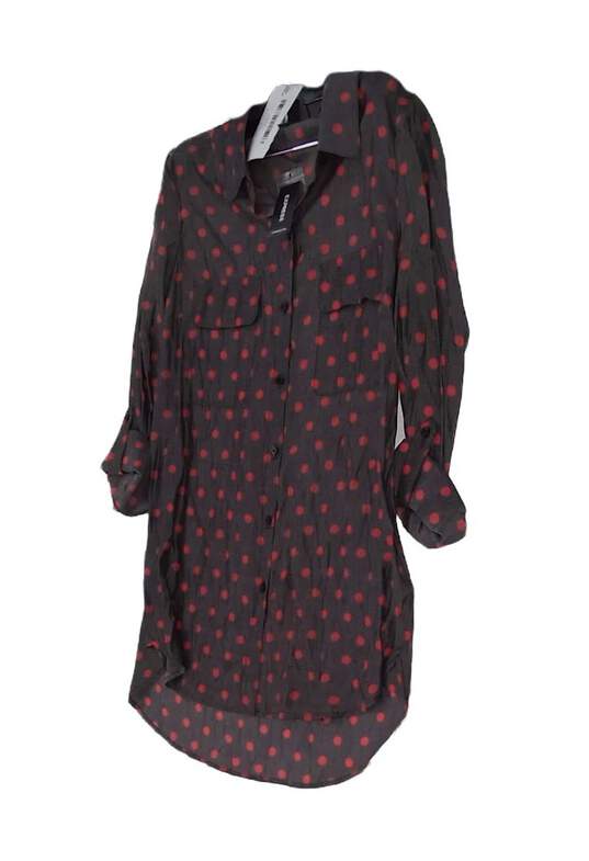 Womens Black Red Polka Dot Roll Tab Sleeve Button Up Shirt Size Medium image number 2