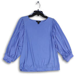 Womens Blue 3/4 Puff Sleeve Round Neck Pullover Blouse Top Size Large