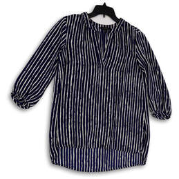 Womens Blue White Striped V-Neck Long Sleeve Pullover Blouse Top Size Small