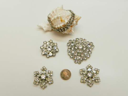 Vintage Silvertone Icy Rhinestones Snowflake Clip On Earrings Flower & Triangle Cluster Brooches & Bracelet 62.2g image number 5