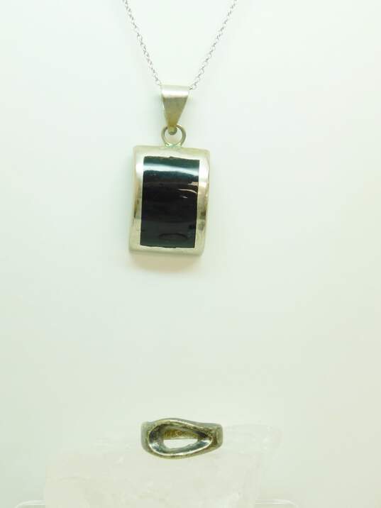 Taxco & Mexican Modernist 925 Sterling Silver Onyx Inlay Pendant Necklace & Cut Out Ring 14.8g image number 2