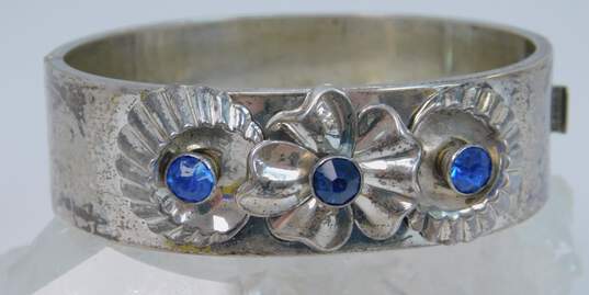 Vintage Harry Iskin Sterling Silver Blue Rhinestone Floral Hinged Bangle Bracelet 33.4g image number 1