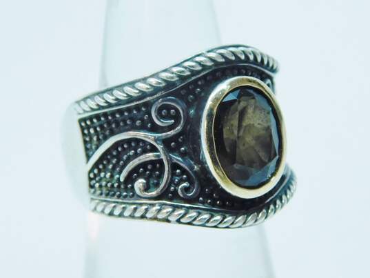 Romantic Sterling Silver & 14K Accent Scrolled Smoky Quartz Ring 8.9g image number 2