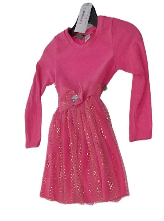 Girl's Bow Sequin Long Sleeve Crew Neck A Line Dress Size 6 image number 3