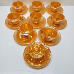 Vintage Anchor Hocking Fire King iridescent Peach Luster teacups saucers set of 9